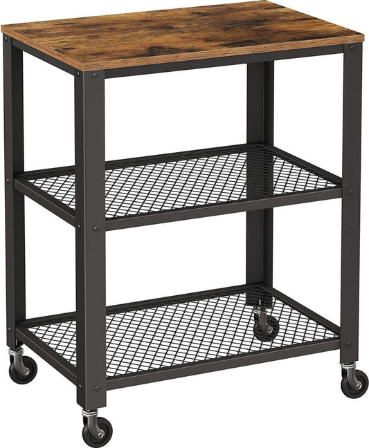 serveerwagen, keukentrolley, trolley, keukenrek op 4 wielen, stalen frame, 3 planken, voor keuken en woonkamer, industrieel design, vintage bruinzwart LRC78X