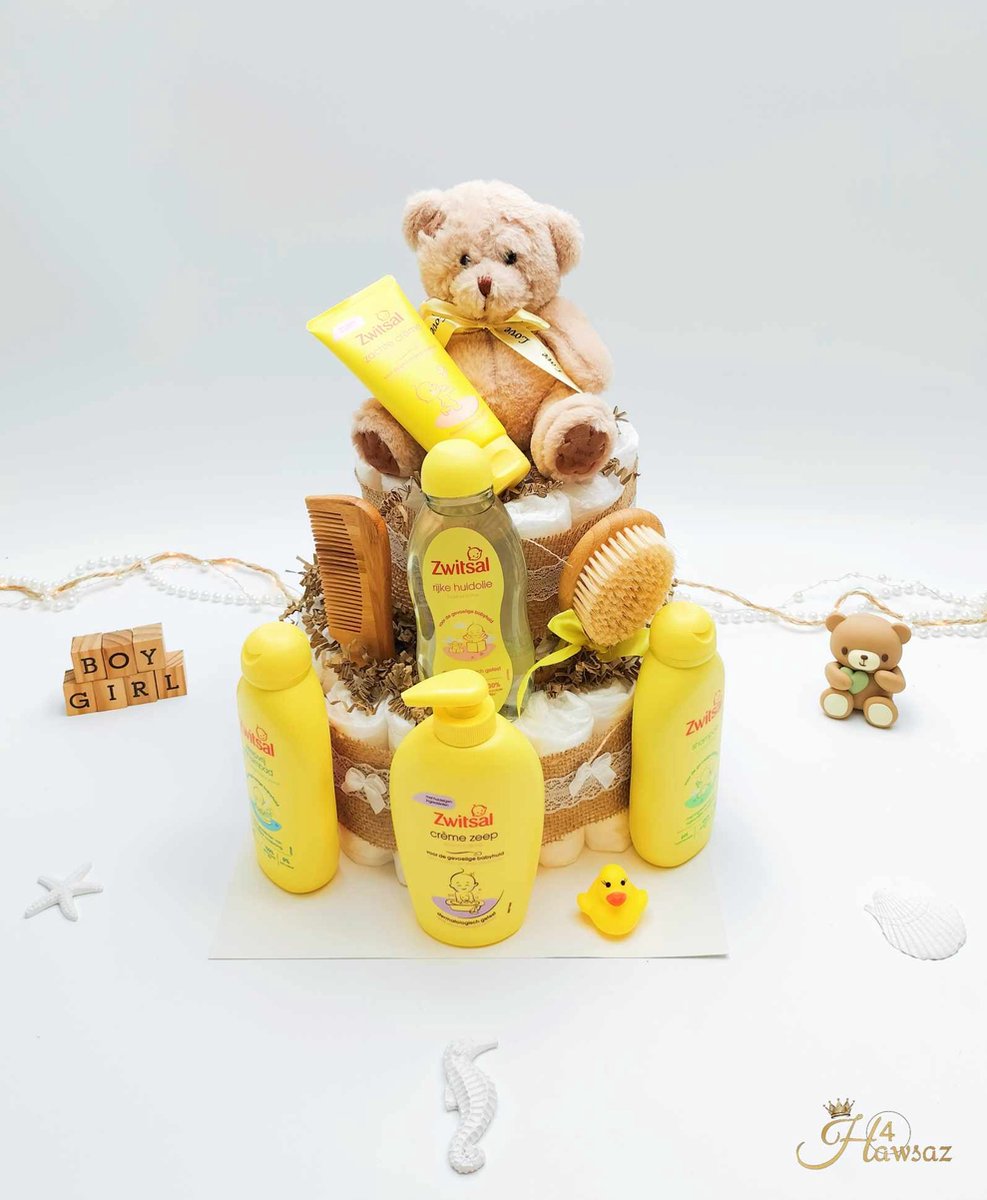 Genderneutrale luiertaart 45 stuks - kraamcadeau - Hawsaz.nl Cadeau - Originele Babycadeaus - 36 luiers - Babycadeau - Babygeschenkset - Knuffel - Babyshower - Gepersonaliseerde cadeaus - Zwitsal - Babyverzorging