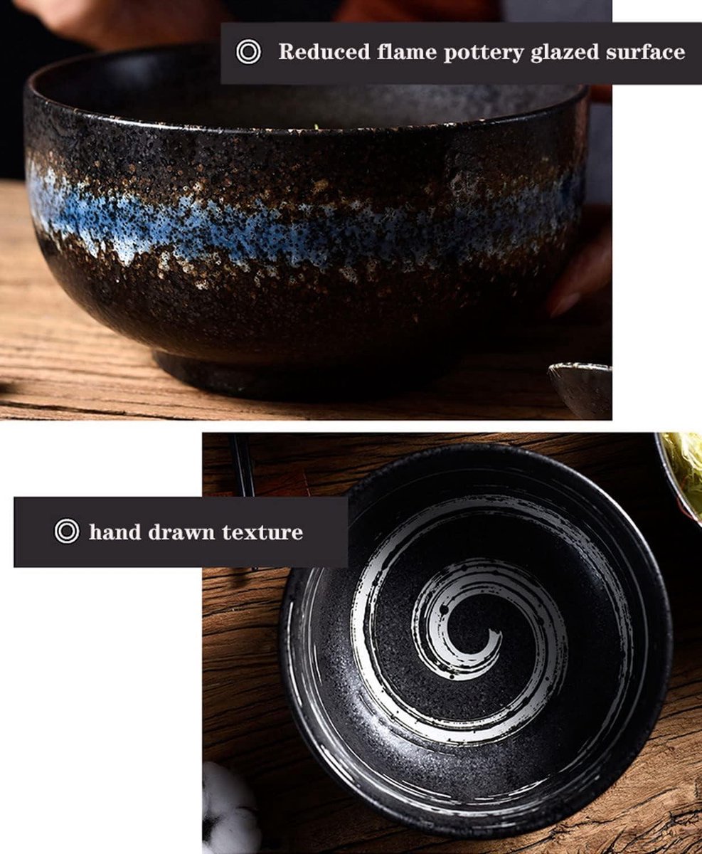Japanese Ramen Kom Set - Keramische Salade Noodle Grote Soepkom Met Deksel En Lepel - Ontbijtgranen Soep Dessert En Rijst Kom - Magnetron Oven Vaatwasser - Blauw Ice Set