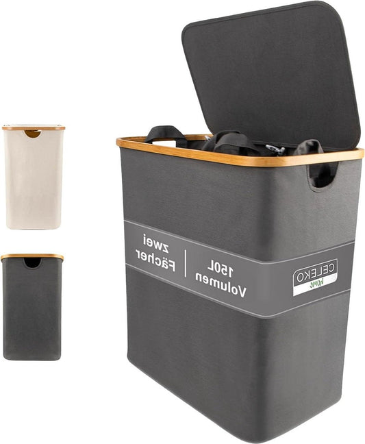 Donkere Wasmand met Deksel 2 Vakken 150 Liter Bamboestof Grijs - Grote XXL Wasmand - Donkergrijs Antraciet - Wasverzamelaar - Waspoef - Laundry Basket met Deksel - Wasgoed Sorteerder