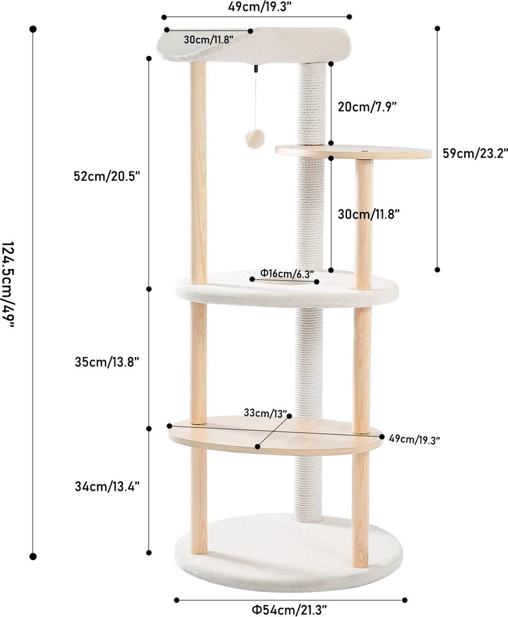 Luxueuze houten krabpaal 124,5 cm hoog - Krabpaal voor middelgrote en grote katten - Met natuurlijk sisaltouw - Met 4 ligplekken en holen - Comfortabel en stabiel - Hout
