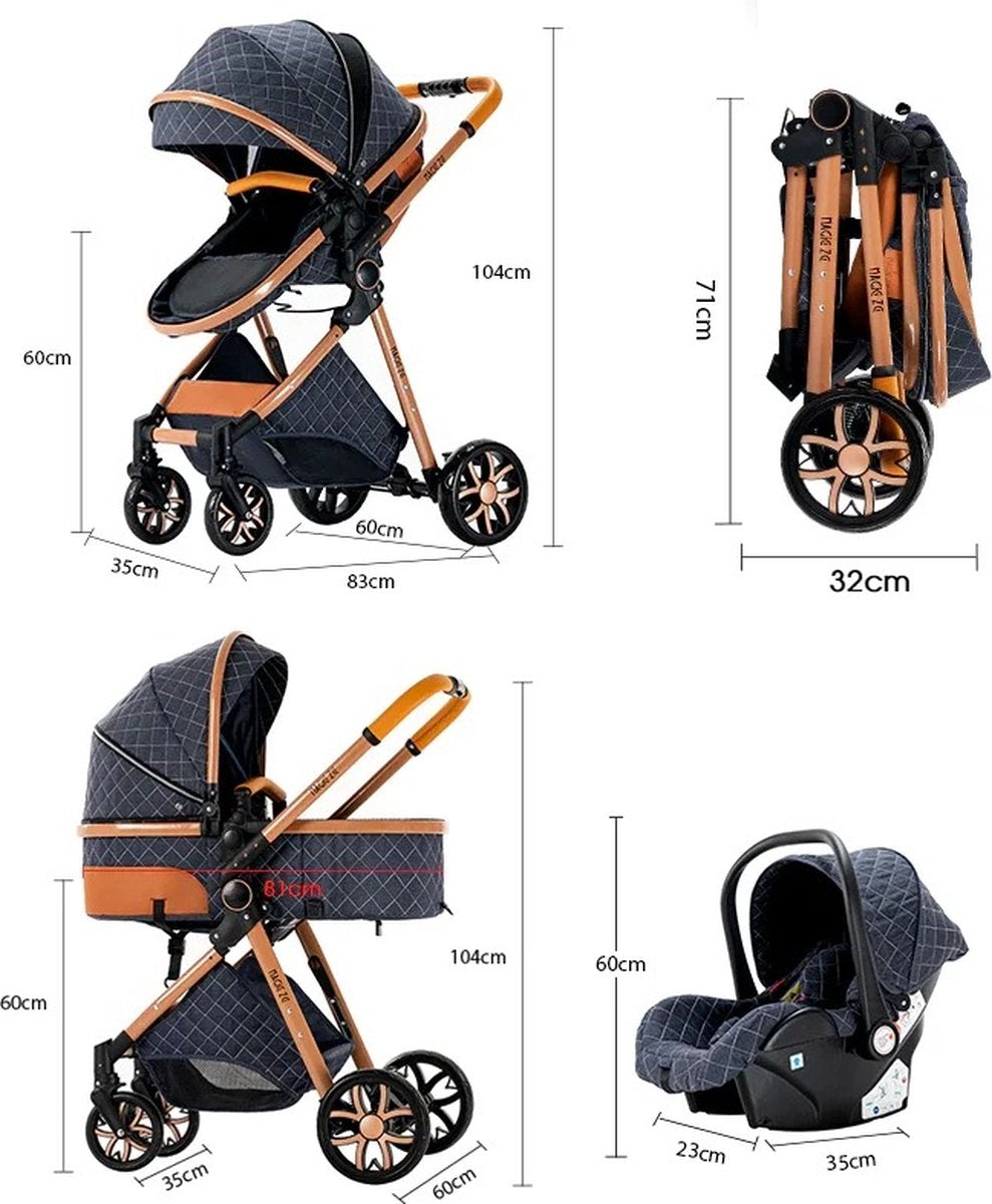 Luxe Multifunctionele 3-in-1 Combikinderwagen - Kwalitatieve Buggy - Opvouwbare Wandelwagen - Maxi Cosi stijl - Incl. Autostoel - Blauw