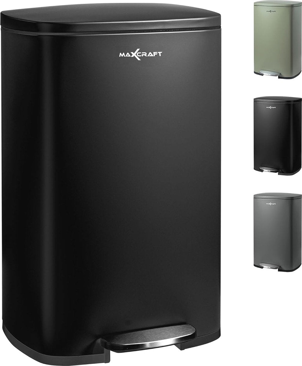 Stalen pedaalemmer met kunststof binnenemmer, softclose deksel, voor keuken, badkamer of kantoor, 50 liter in zwart