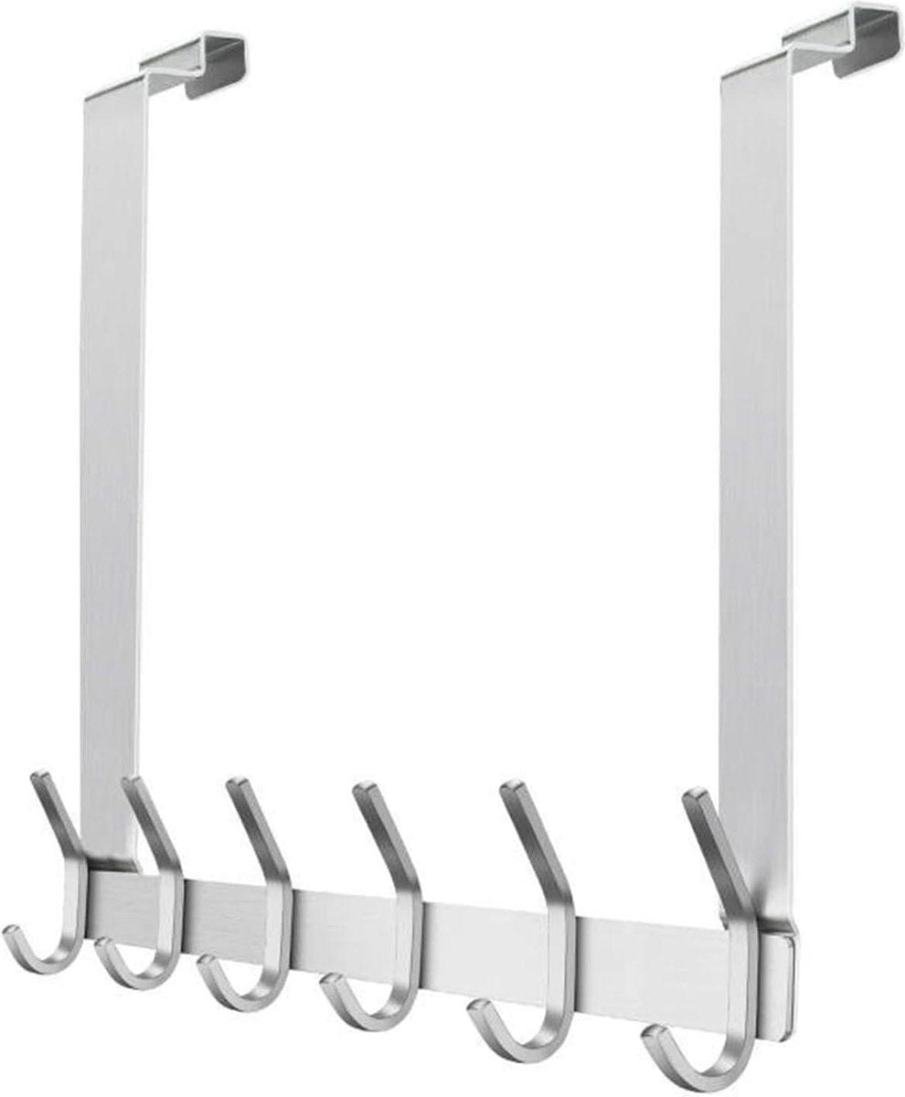 Stainless Steel Door Hook without Drilling - 6 Hooks Door Hook Strip - Bathroom Bedroom - Silver Inside Door Coat Rack Overlay Door