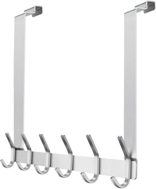 Stainless Steel Door Hook without Drilling - 6 Hooks Door Hook Strip - Bathroom Bedroom - Silver Inside Door Coat Rack Overlay Door