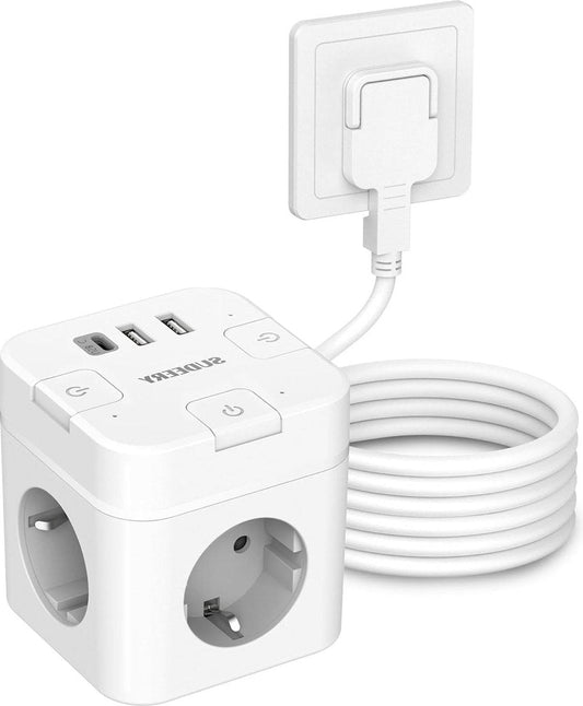 6-in-1 USB-C-stekkerdoos met 3 stopcontacten, kubusvormige platte stekker, individueel schakelbaar, 4 m kabel, voor kantoor, thuis, op reis, wit