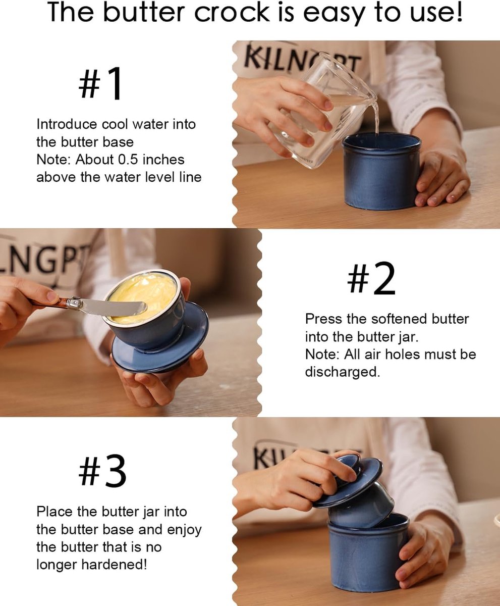 French Butter Dish, Water Cooled Butter Dish with Waterline, Ceramic Butter Bell for Spreadable Butter - Christmas Gift for the Kitchen - Ocean Blue