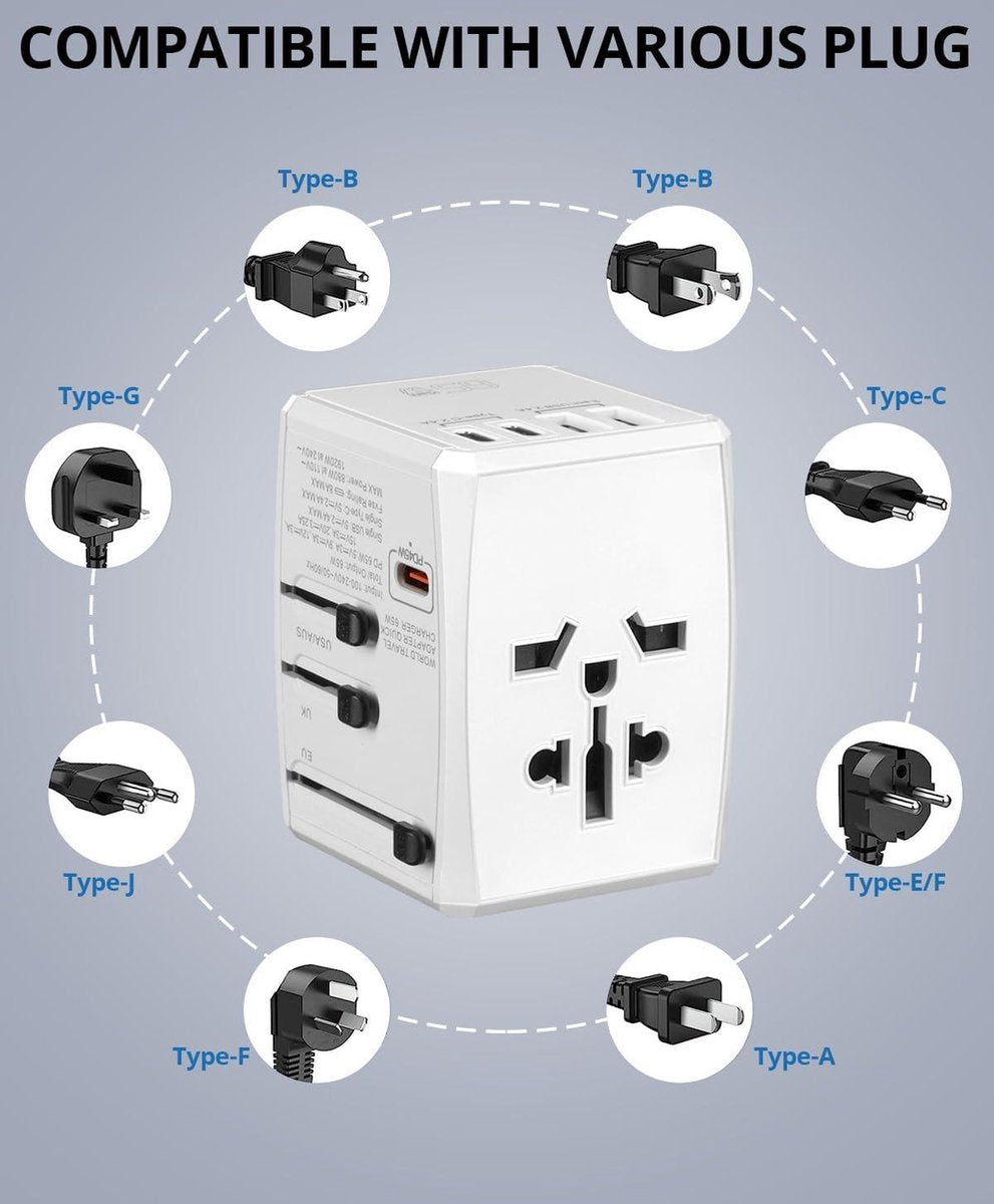 Worldwide Universal Travel Adapter with Fast Charging - 2 USB - 2 USB C - 45 W - AC Outlet - International Plug Adapter - 150+ Countries