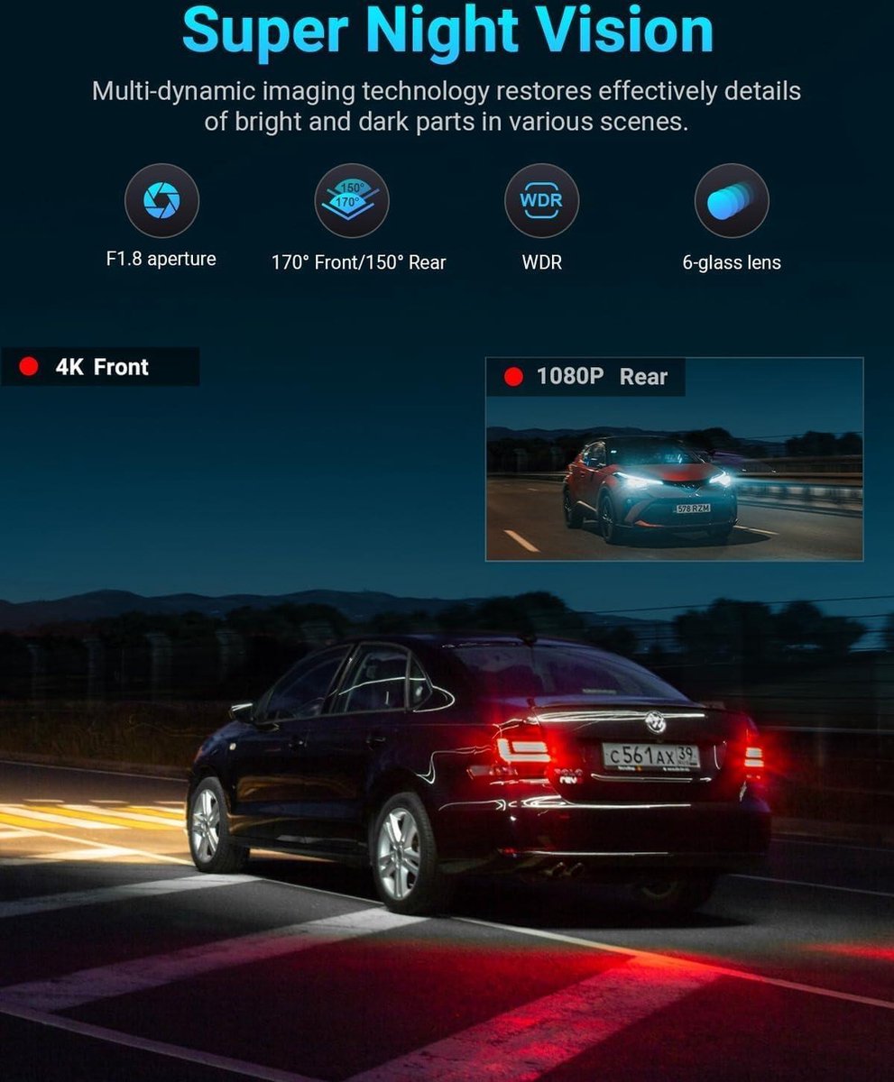 Dashcam Auto Mini Dash Camera Video Recorder Wi-Fi APP GPS Tracker IPS Scherm Nachtzicht G-Sensor 170 Groothoek WDR 24 uur Parkeermonitorkit 64GB - 4K Voor Beveiliging Parkeren Dashcam voor auto