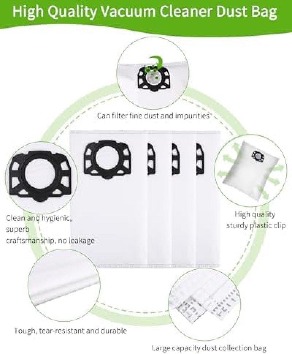 Fleece filter bags are suitable for Kärcher vacuum cleaner models such as WD2, WD3, KWD1, KWD2, KWD3, WD3.200, WD3.800, SE4001 and SE4002.