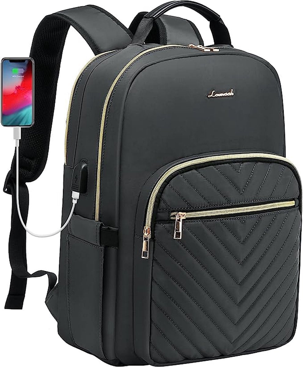 Laptoprugzak voor dames, 15,6 inch, waterdicht, schoolrugzak, voor meisjes en tieners, met laptopvak en USB-oplaadaansluiting, elegant, voor school, universiteit, reizen, werk