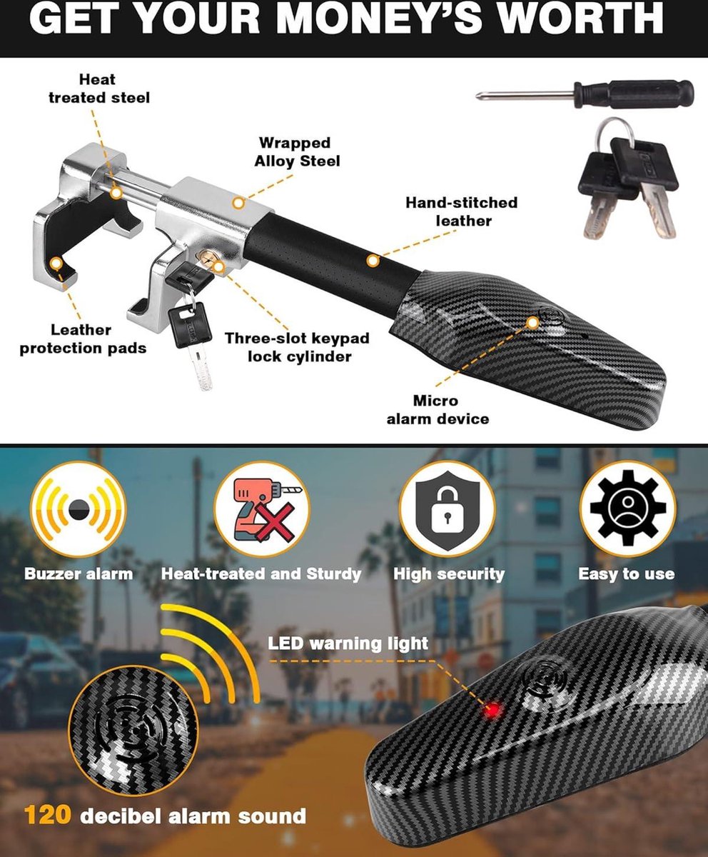 Vergrendelbare stuurklem met alarm 120 dB - stuurslot auto stuurwiel - intrekbaar universele pasvorm zilver stuurslot auto met keurmerk
