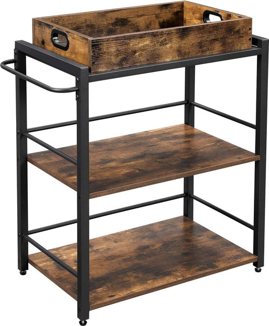 Serving trolley with removable tray - lockable kitchen trolley - metal frame - 65 x 40 x 86 cm - dark brown