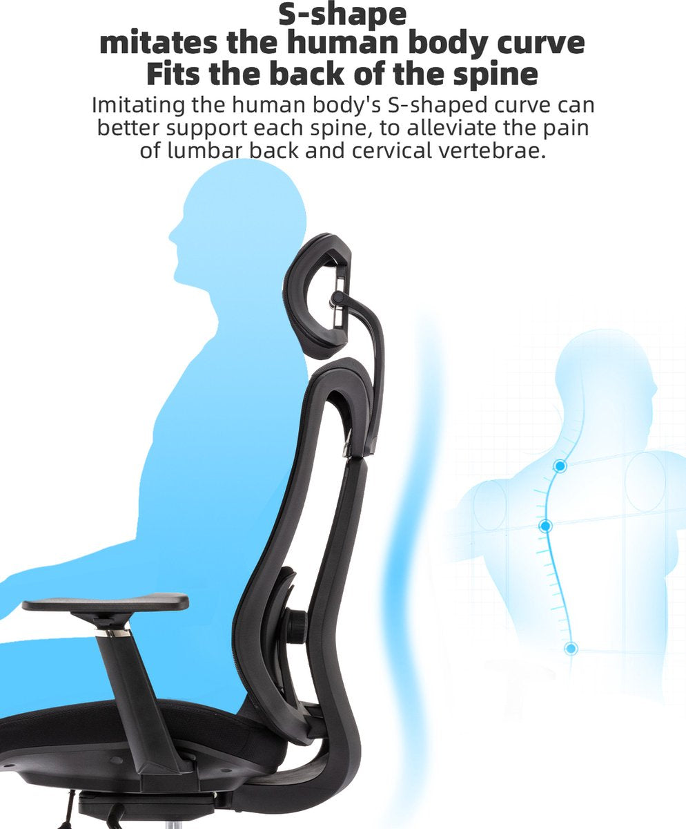 Ergonomic Office Chair - Desk Chair - Adjustable Headrest - Black - Height Adjustment 117-125cm - Swivel Office Chair - With wheels