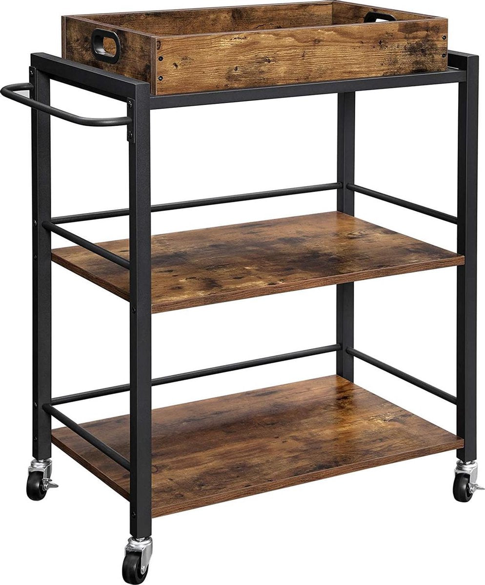 Serving trolley with removable tray - lockable kitchen trolley - metal frame - 65 x 40 x 86 cm - dark brown
