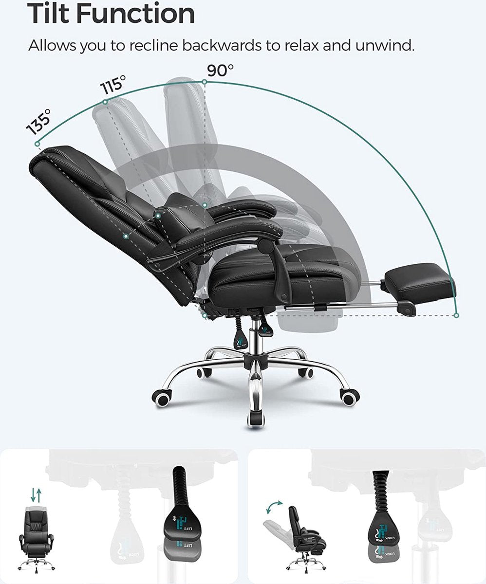 Office chair with footrest and lumbar cushion, faux leather, black, 67 x 66 x 116 cm