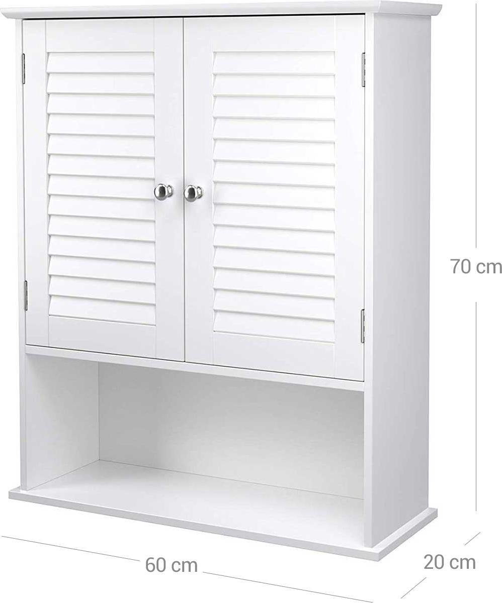 Bovenkastje, bovenkastje, badkamerkast, wandmontage, medicijnkastje met in hoogte verstelbare plank, badkamerkastje, dubbele deur, open vak, 60 x 20 x 70 cm, wit BBC27WT - Black Friday