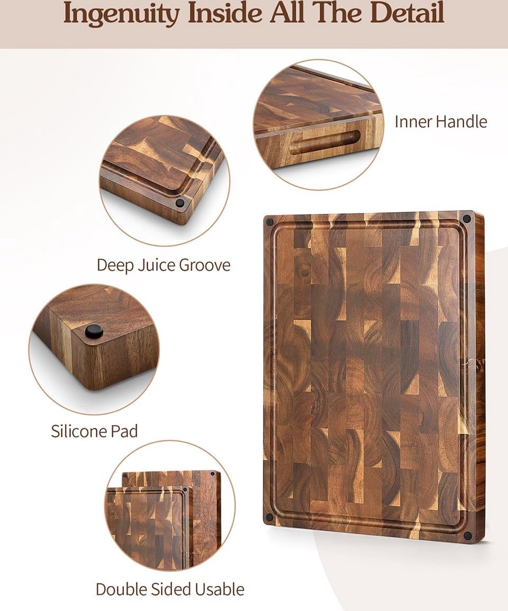 Large Thick Cutting Board by Hersenhout, Acacia Wood (48.5 x 35.6 x 3.8 cm), Usable on Both Sides, Wooden Board, Chopping Board, Kitchen, Cutting Board with Non-Slip Feet, Integrated Handles and