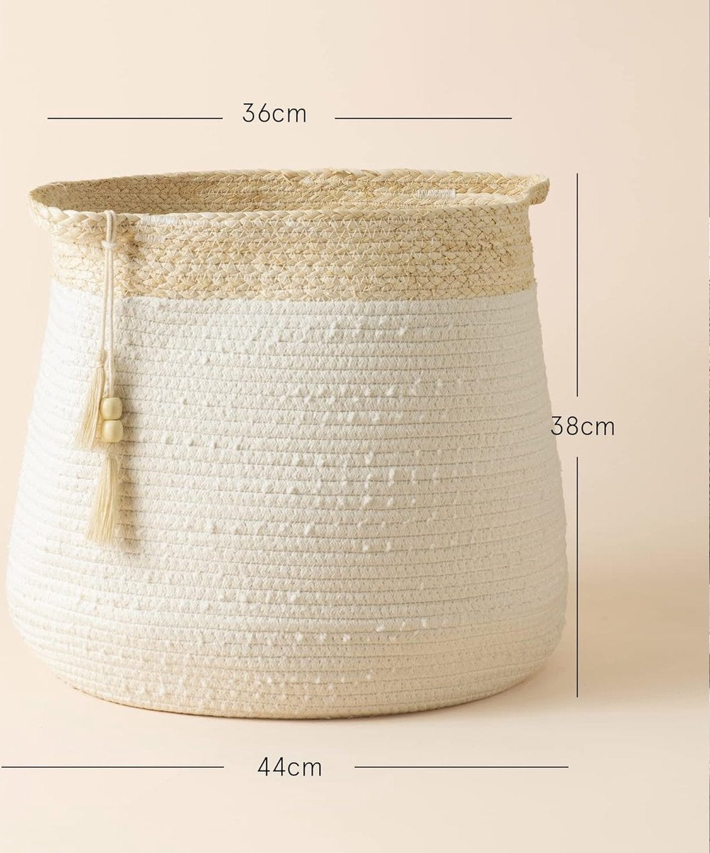Geweven wasmand - Grote opbergmand van katoenen touw met handvat en kwastje voor baby, kinderkamer, speelgoed, organizer, huisdecoratie, cadeau, wit, H 38 x B 44 cm