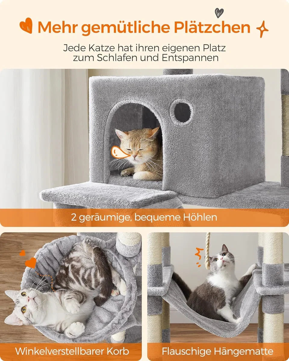 Scratching post, 206cm high scratching post with 13 scratching posts, 1 scratching ramp, 2 platforms, 2 caves, basket, hammock, pompoms, multi-level cat scratching post for large cats, Light Grey