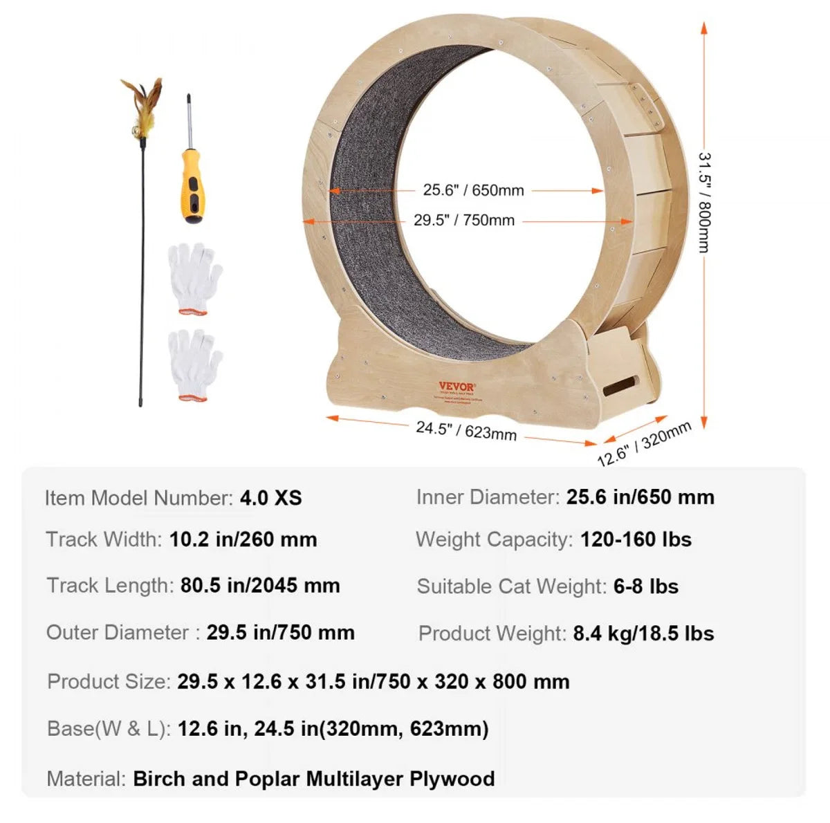 Cat Exercise Wheel 750x320x800mm Cat Exercise Wheel Made of Birch and Poplar Plywood Cat Wheel Low Noise Removable Inner Mat Cat Wheel Suitable for Cats Weighing 2.72 to 3.63 kg