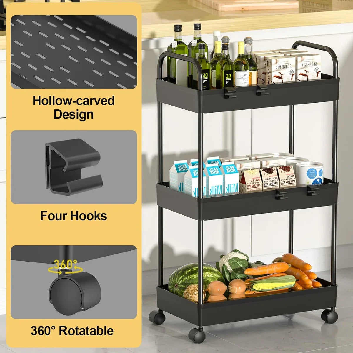 3-laags keukenwagen, serveerwagen, opbergwagen, verrijdbare snackwagen, badkamerwagen, multifunctionele trolley met handvat, haken, rolwagen, nisrek op wielen, voor keuken, slaapkamer