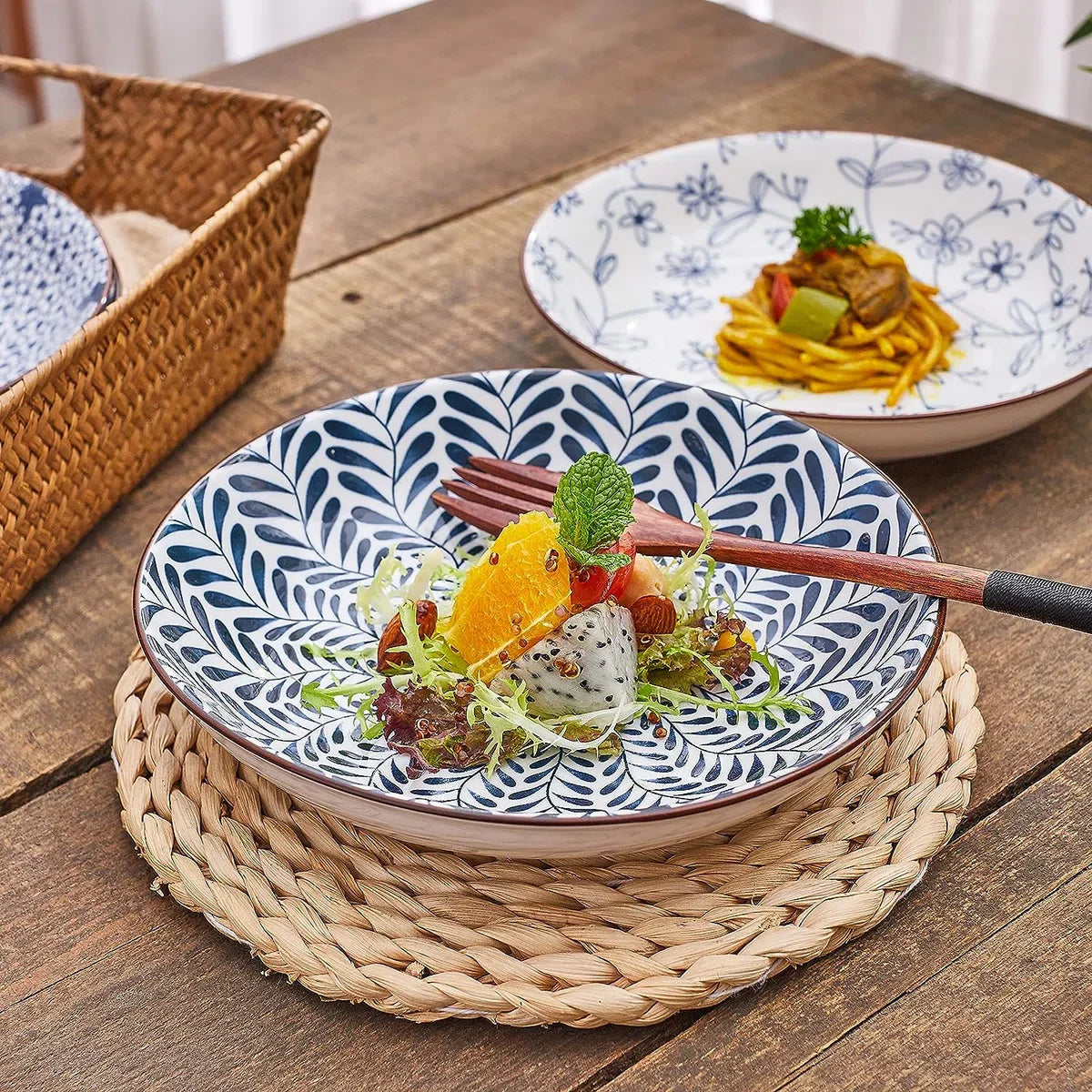 Keramische pastabordenset van 4, blauw en wit porselein 20 cm saladeschalen, diner platte borden, serveerschaal voor hapjes, salade, dessert en snacks (20 cm)