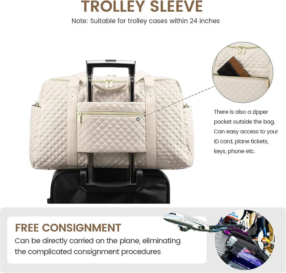 Large beige weekend bag for women - Sports bag with 15.6 inch laptop compartment - Travel bag, handbag, fitness bag - Gold details