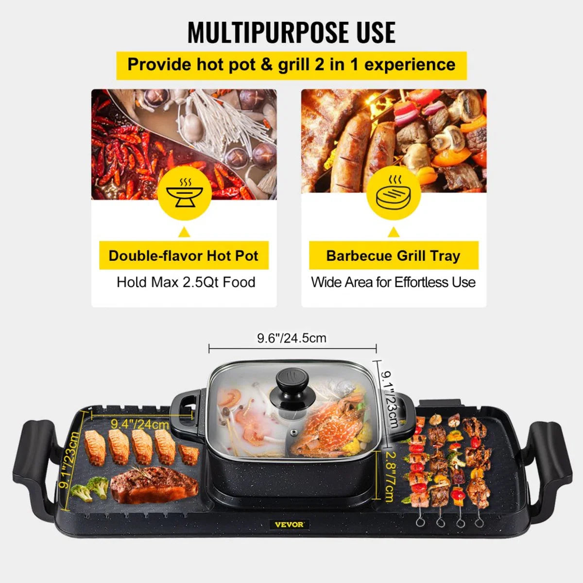 2-in-1 BBQ Grill Hete Pot 2400W Multifunctionele Elektrische Grill Hotpot 73,5x26,5x19 cm Binnen Grill Hotpot van Gegoten Aluminium en Gehard