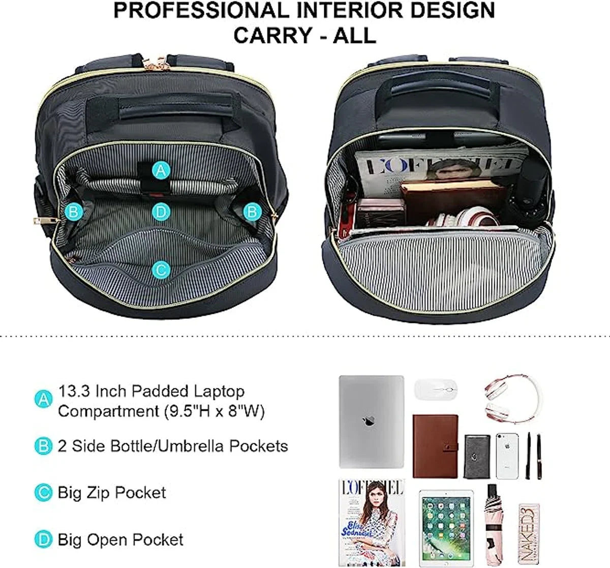 Laptoprugzak voor dames, 15,6 inch, waterdicht, schoolrugzak, voor meisjes en tieners, met laptopvak en USB-oplaadaansluiting, stijlvol, voor school, universiteit, reizen, werk