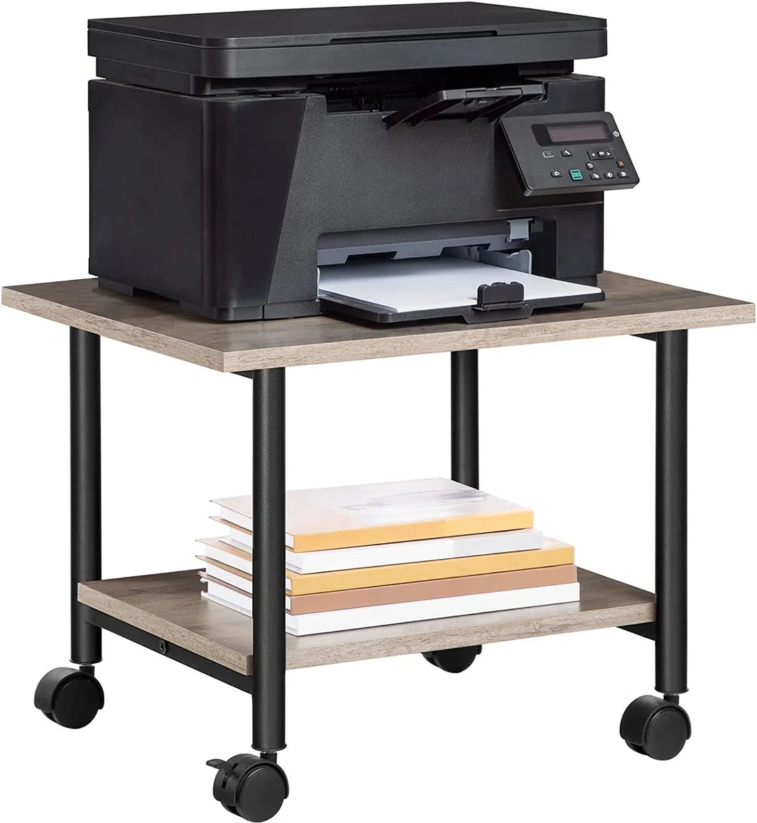 Printer Table on Lockable Wheels - Desk Organizer - Printer Cabinet or Printer Cart - Printer Stand - Office Cabinet - Industrial Printer Desk - 48.5 x 40 x 36.5 cm - Grey and Black