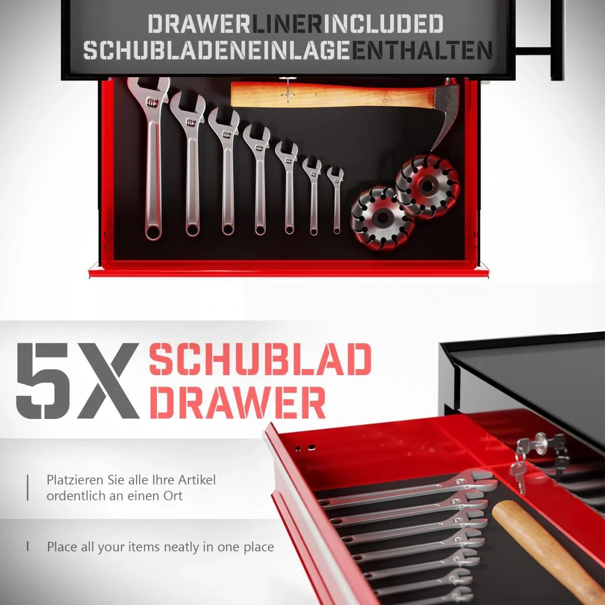 Extra grote gereedschapswagen - 5 laden - Rood / zwart