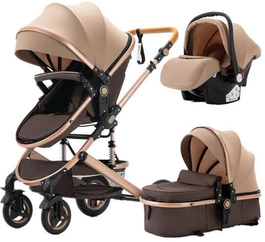Luxe 3-in-1 Kinderwagen - Wandelwagen - Autostoel - Buggy - Inklapbaar - Khaki/Bruin - 0-36 Maanden