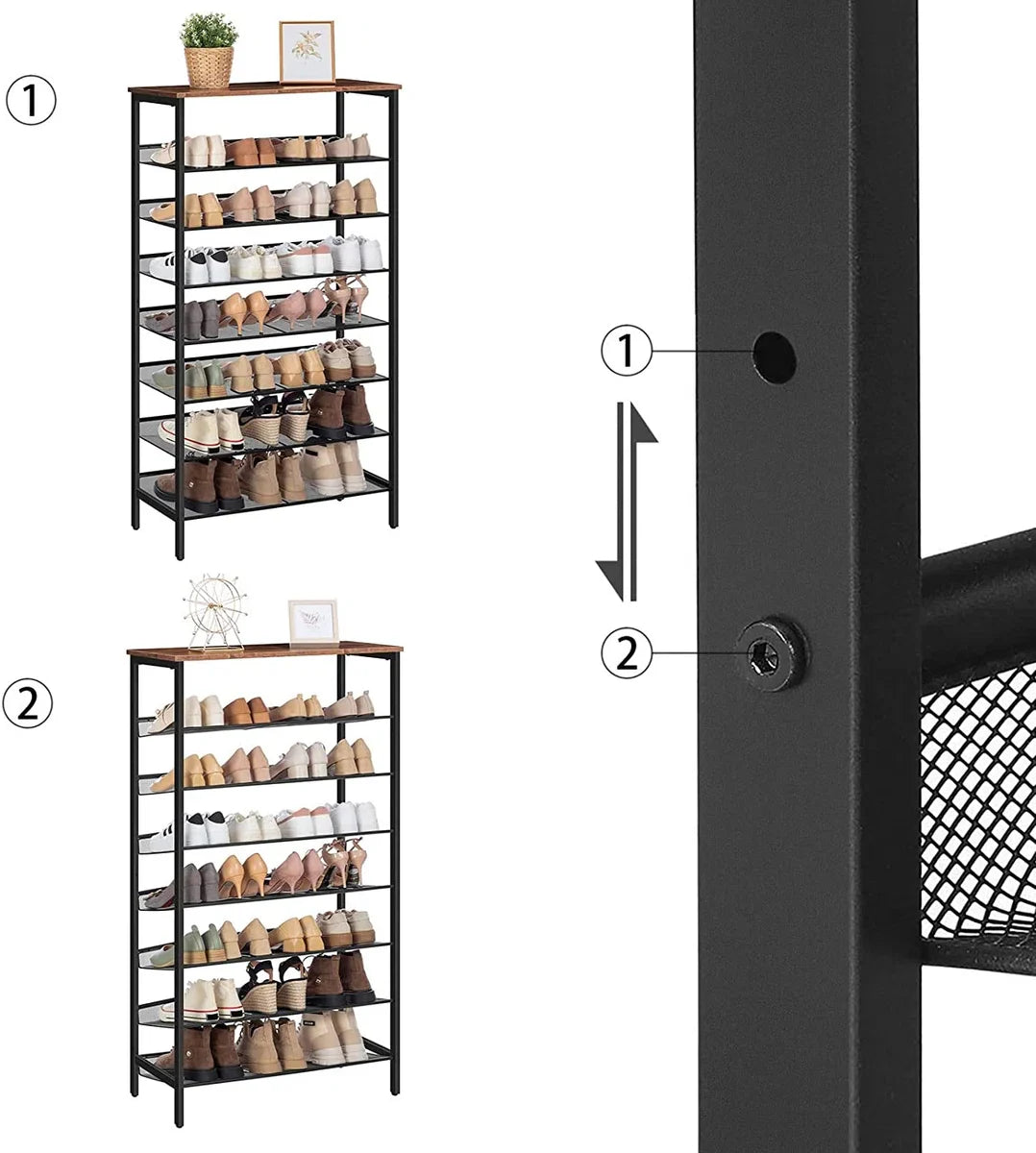 Large shoe rack - high shoe cabinet - 8-tier shoe rack - tiltable mesh shelves - metal/wood - for 24-32 pairs of shoes - industrial - brown-black