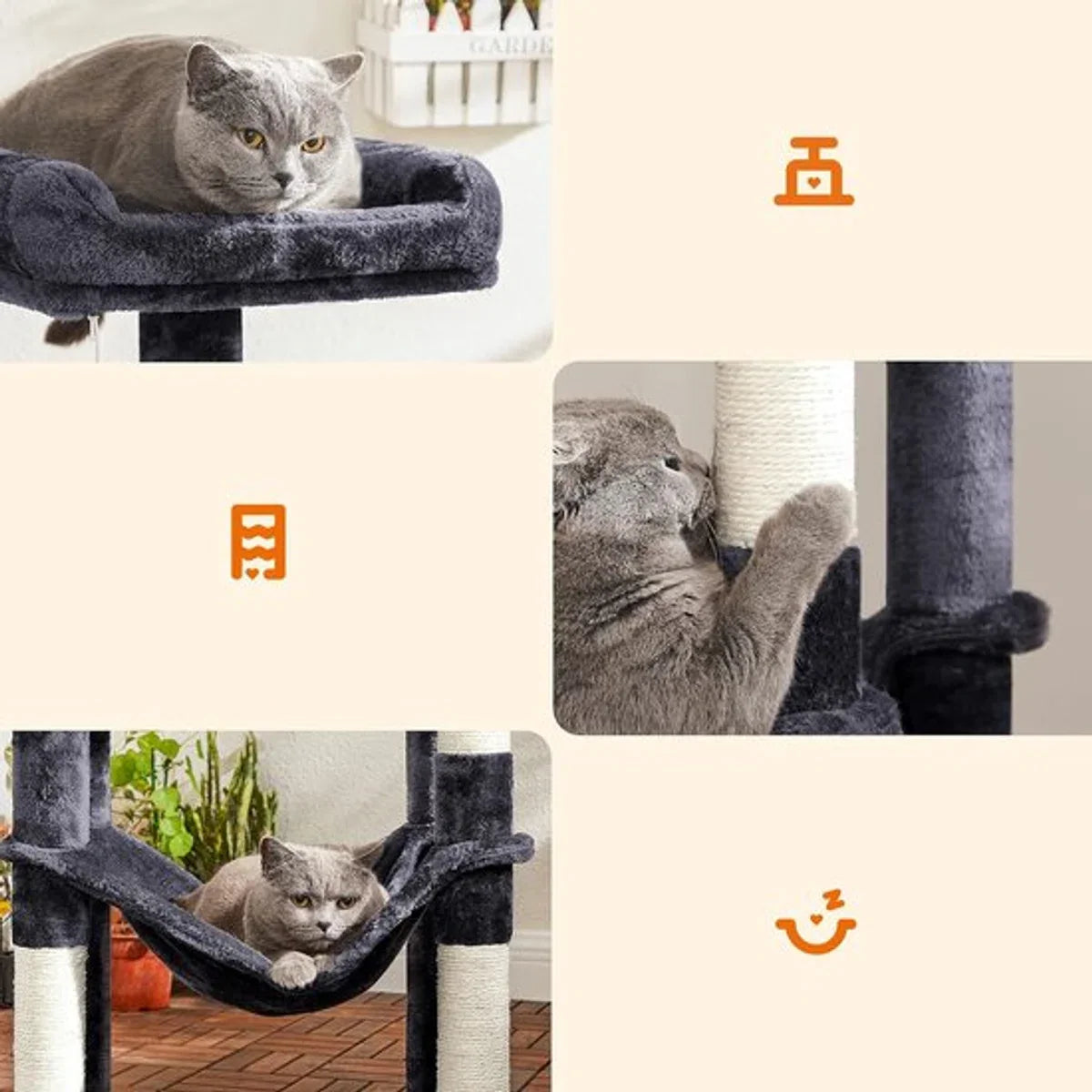 Large Cat Tree for Multiple Cats, Cat Condo with Hammock, Cat Scratching Post, 143 cm, Light Grey