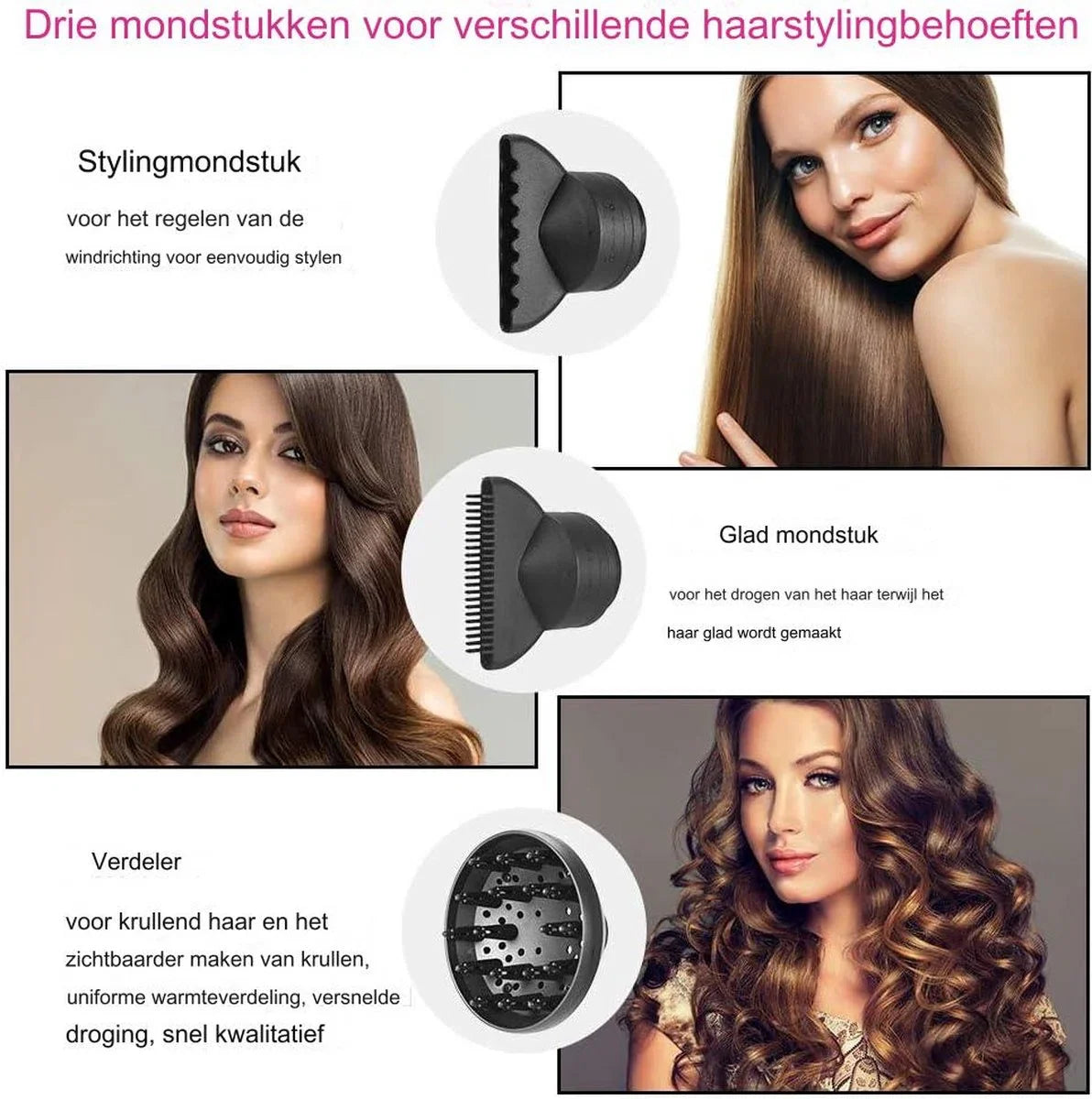 Ionische haardroger - Föhn - 2000 W - Ionische föhn - Professionele haardroger - 3 snelheden met 2 opzetstukken en 1 diffuser voor thuis en kapsalon - 110-240 V