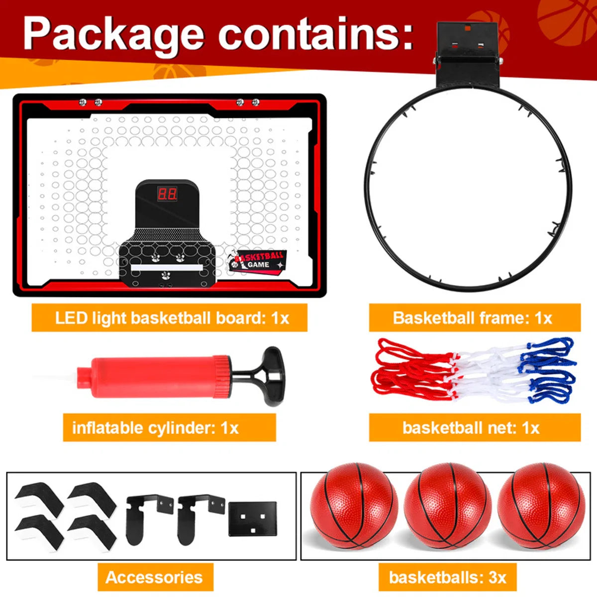 Mini Hoop - Basketbalring - Basketbal - LED Elektronische Teller Met Geluid - Basket - Over De Deur - Incl. 3 Ballen & Pomp