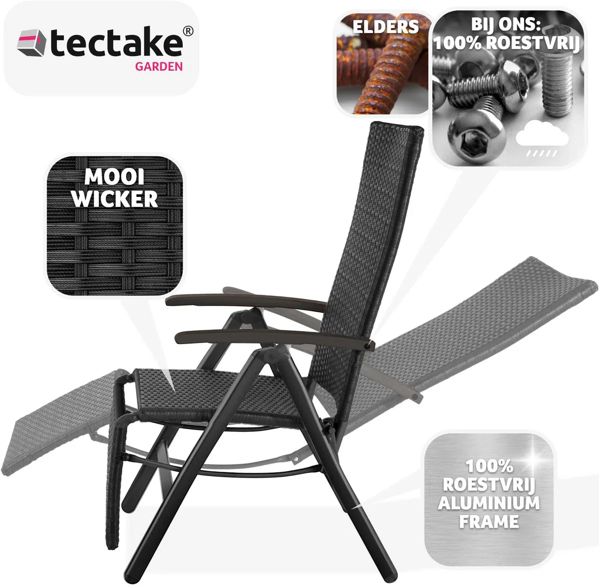 Wicker tuinstoel, inklapbaar, met aluminium frame en voetensteun - zwart