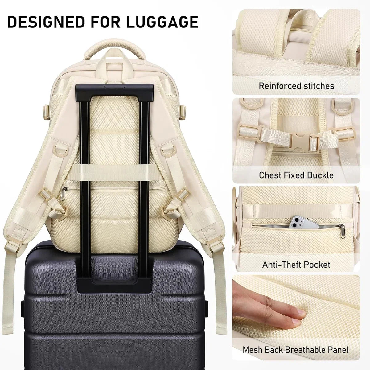 Damesreisrugzak, handbagage, reisrugzak voor 15,6 inch laptop, anti-diefstal, waterafstotend, rugzak, vliegtuig, handbagage, reisrugzak voor dames, voor werk, school, reizen (beige)