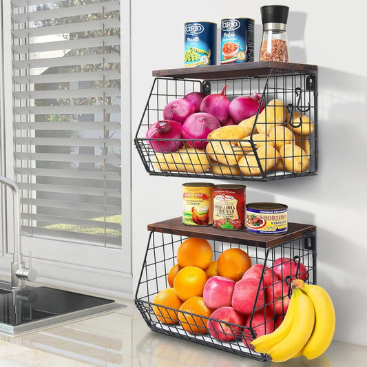 Hanging Fruit Basket 2-Tier Fruit Basket, Fruit Bowl Hanging Basket Kitchen, 2 Pieces Kitchen Organizer with Wooden Lid Wire Basket Stackable & Wall Mount for Storing Vegetables, Fruits and Snacks