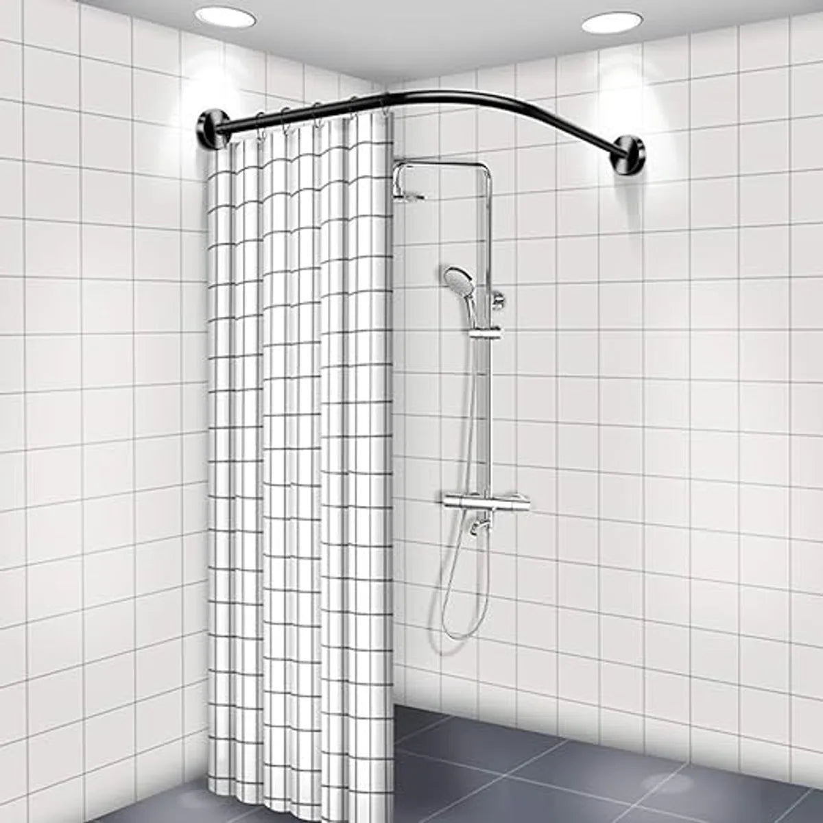 Extendable 304 Stainless Steel L-Shaped Bathroom Shower Curtain Corner Bathtub Rod (Black, 70-100 x 70-100 cm)