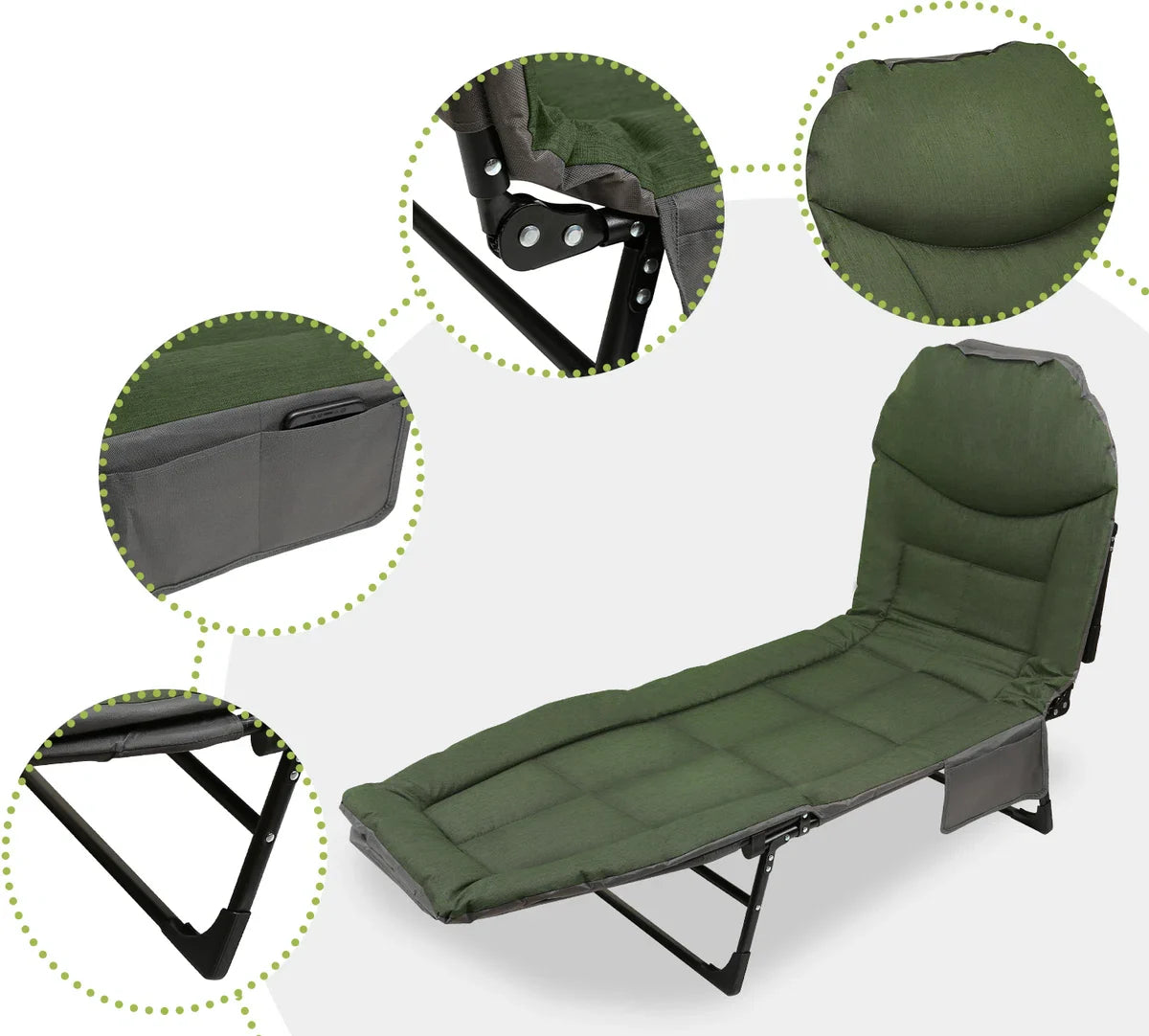 Kampeerbed - Opvouwbaar - Ligbed - Veldbed - Campingbed - Verstelbaar - Karper stretcher - Bedchair - 195 x 65 x 32 cm - Groen