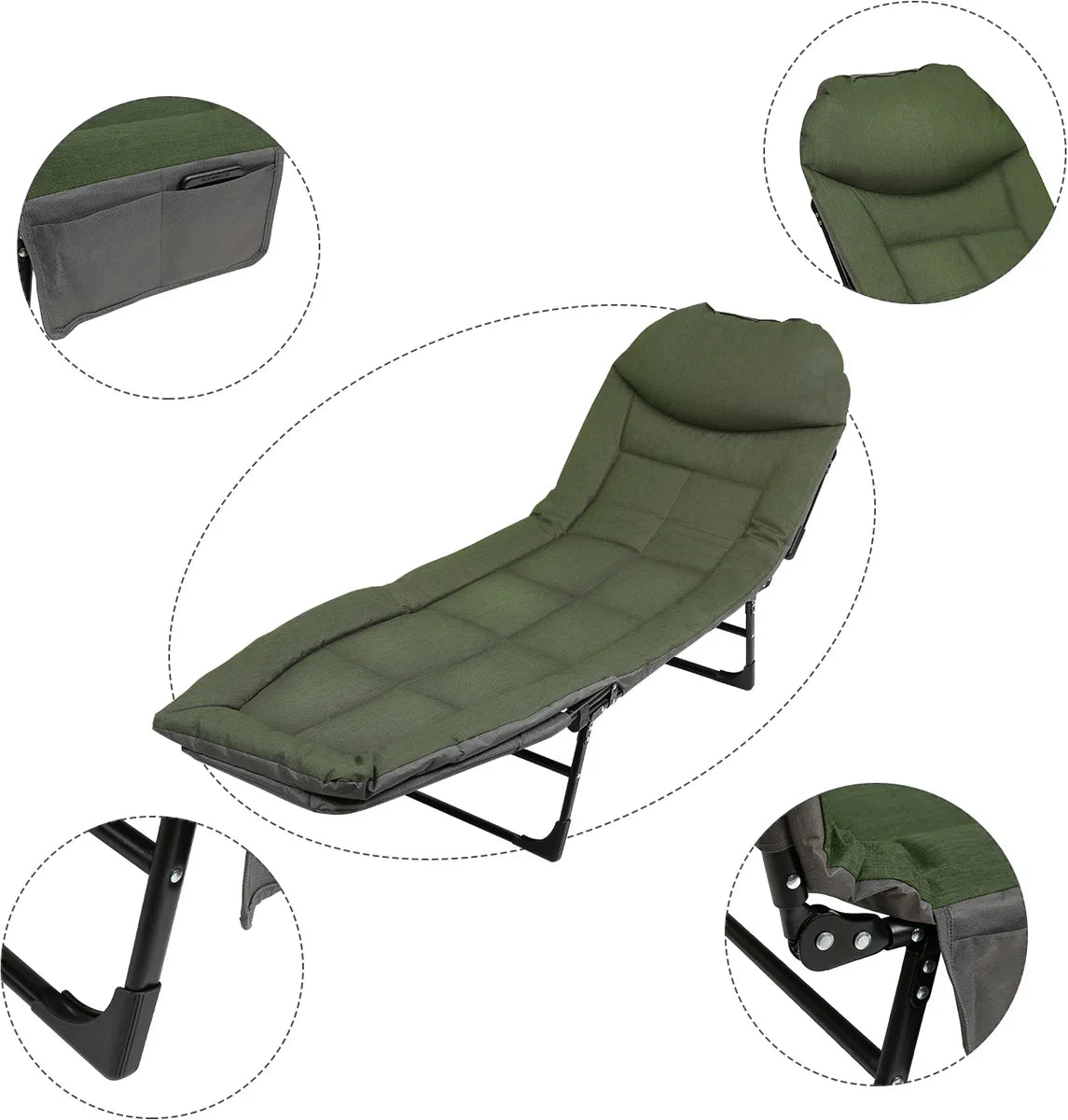 Kampeerbed - Opvouwbaar - Ligbed - Veldbed - Campingbed - Verstelbaar - Karper stretcher - Bedchair - 195 x 65 x 32 cm - Groen