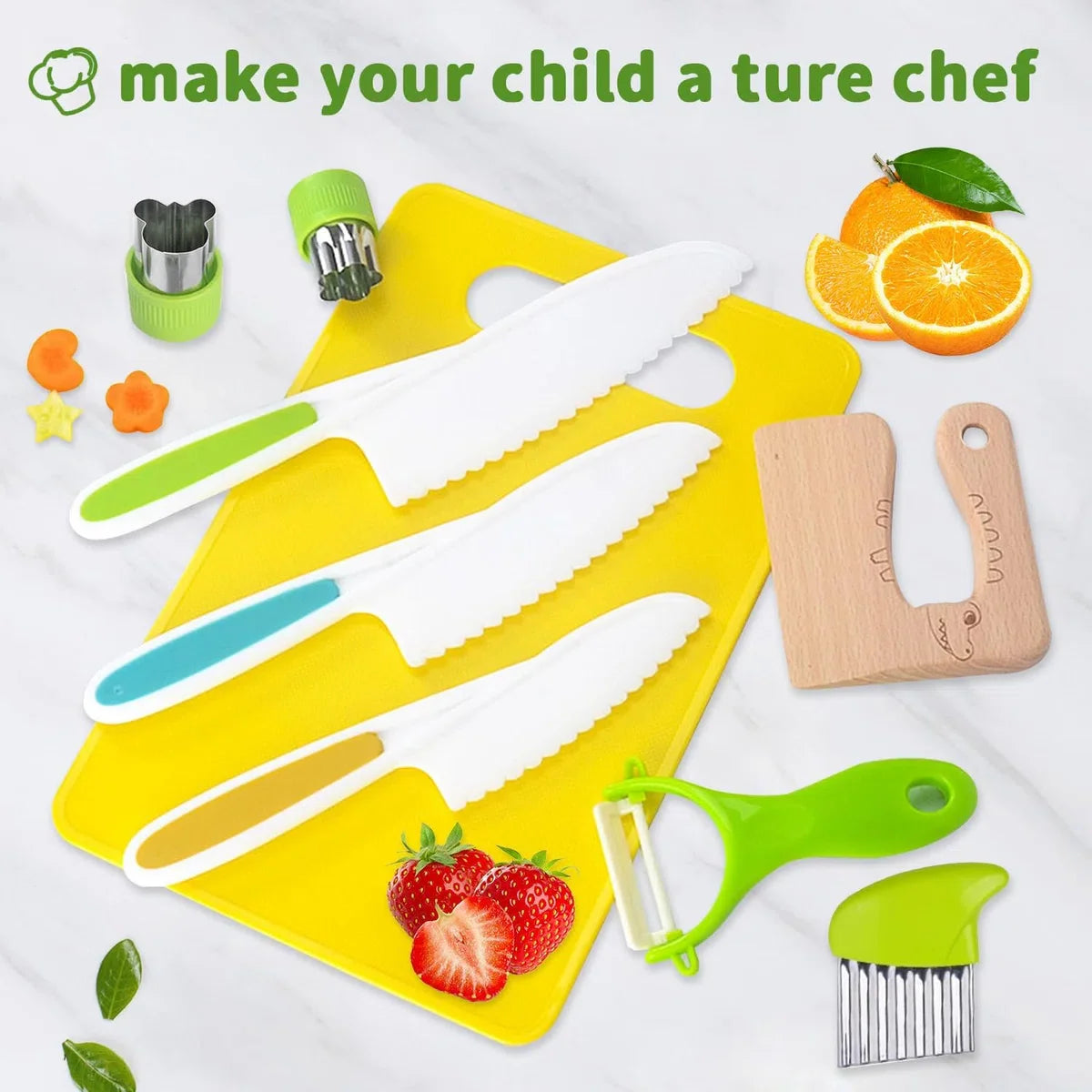 Children's Knives, 17-Piece Kids Cooking Set, Learn to Cut for Toddlers, Including Cutting Board, Crinkle Cutter, Y Peeler etc., Montessori Kitchen Utensils