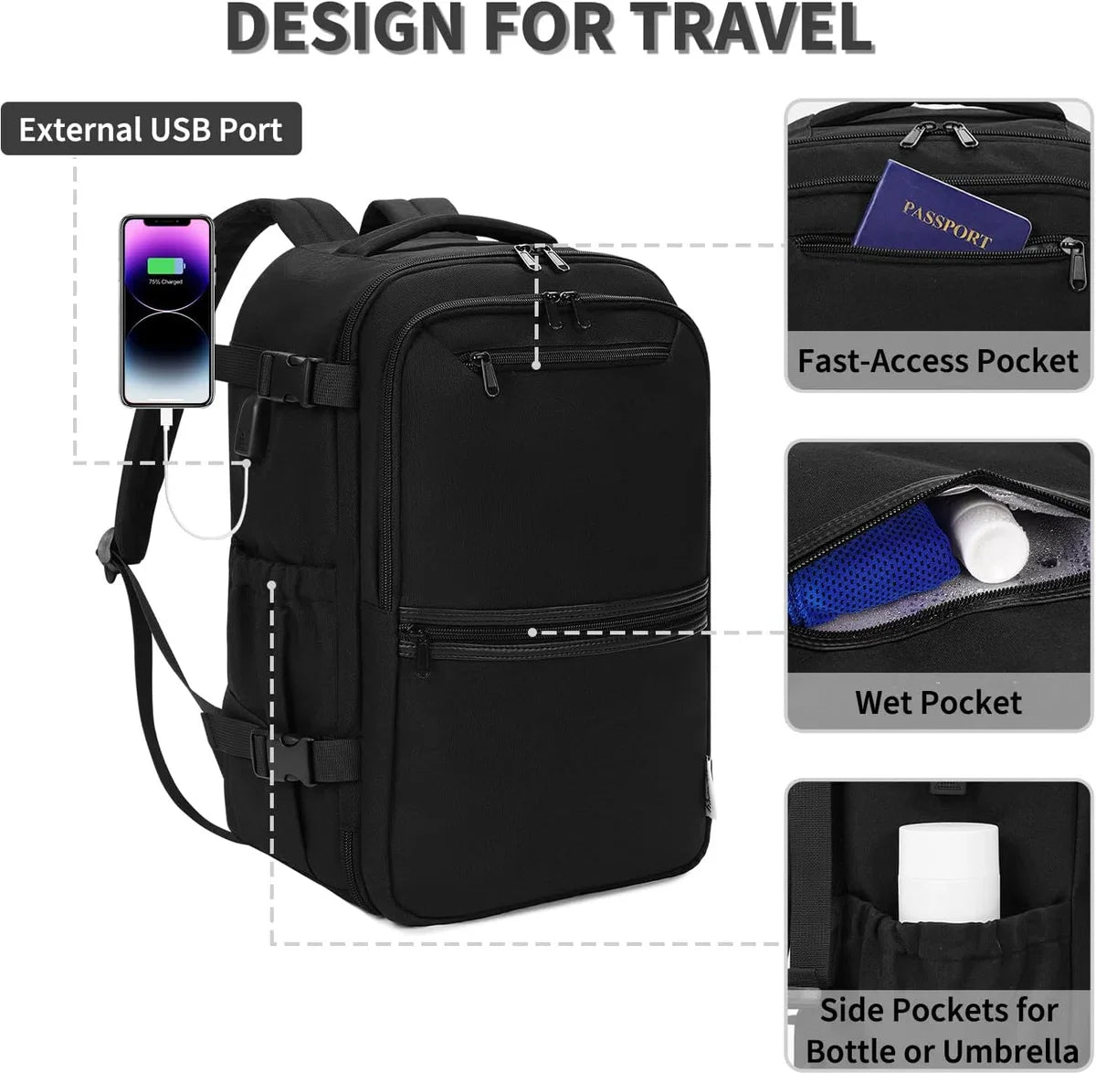 handbagage, 40 x 20 x 25 cm, handbagage, vliegtuig, rugzak, reistas, reisrugzak met laptopvak, voor weekends, voor heren en dames, 20 liter