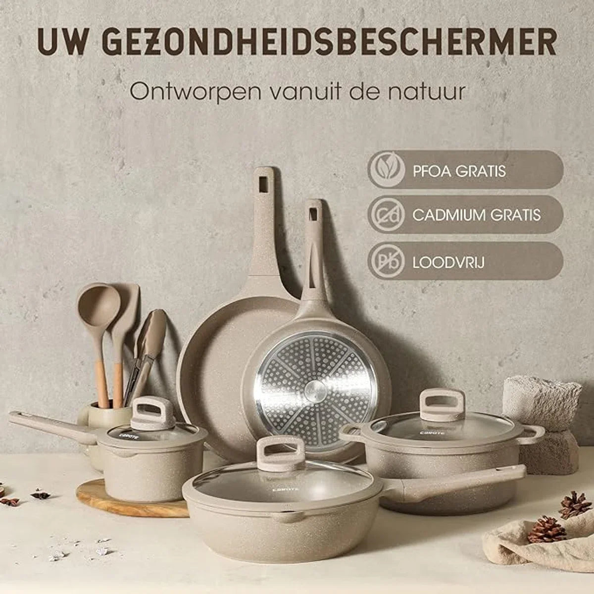 Pannenset Graniet 11-delig - PFOS-vrij - Veilig Koken - Non-stick - Vaatwasserbestendig - Koekenpannenset - Kookpotten - Pannenset - Koekenpannenset - Frying Pan Set