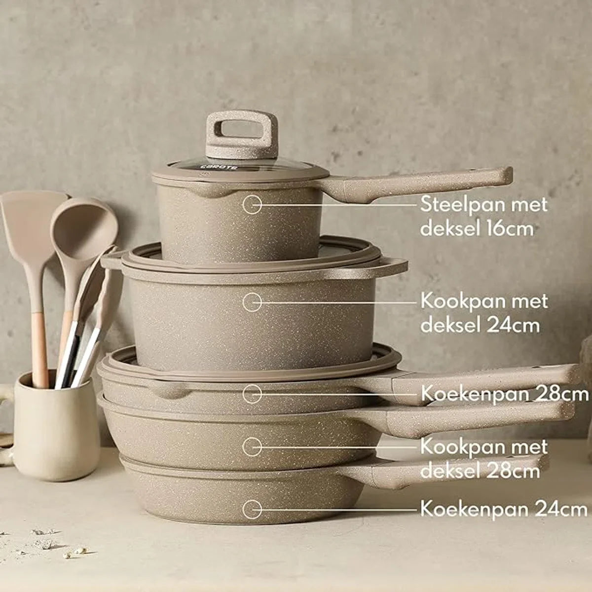 Pannenset Graniet 11-delig - PFOS-vrij - Veilig Koken - Non-stick - Vaatwasserbestendig - Koekenpannenset - Kookpotten - Pannenset - Koekenpannenset - Frying Pan Set