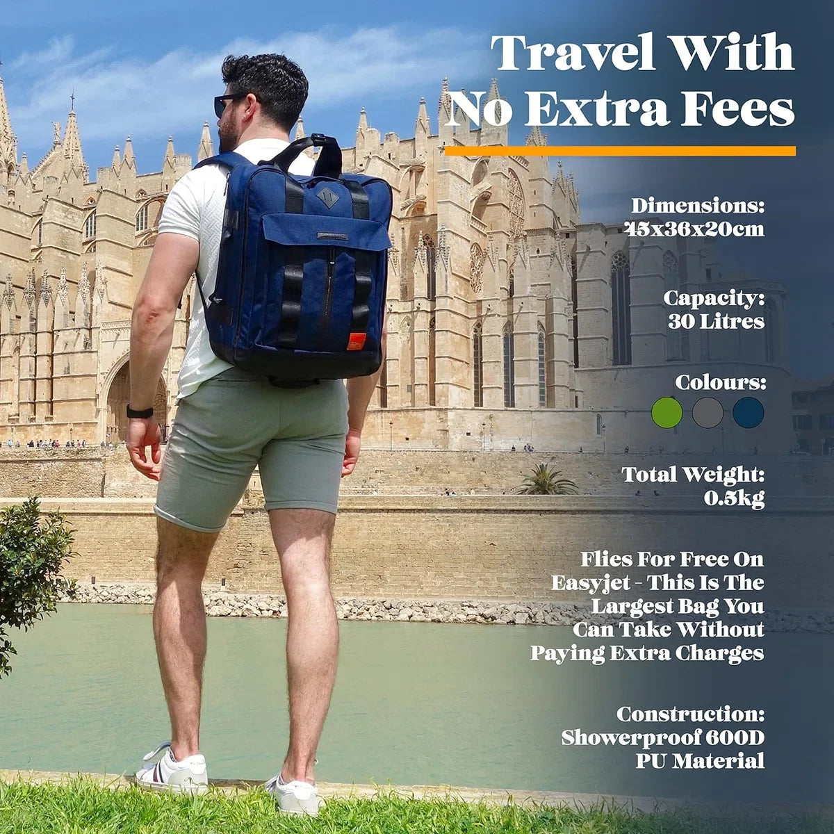Travel backpack 45x36x20 cm - internal compression system - underseat cabin bag for easyJet - recycled polyester - grey