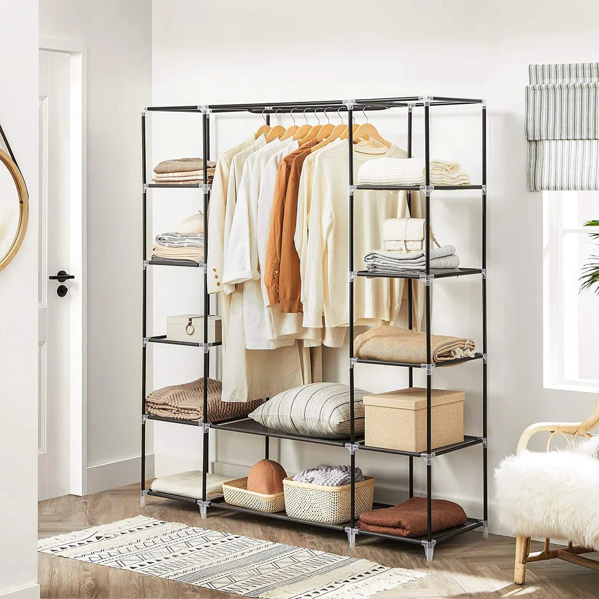 Large XXL wardrobe, fabric wardrobe, folding wardrobe with clothes rail 175 x 150 x 45 cm THREE roll-up doors (black) LSF03H