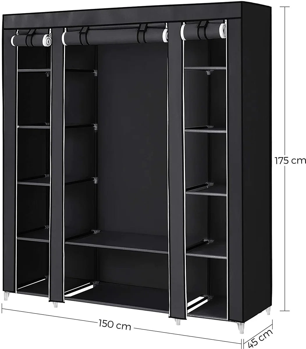 Large XXL wardrobe, fabric wardrobe, folding wardrobe with clothes rail 175 x 150 x 45 cm THREE roll-up doors (black) LSF03H